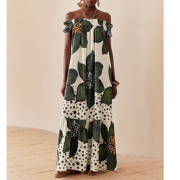 Boho Floral Print Off Shoulder Ruffle Hem Maxi Dress - Picture 1 of 6